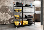 Lifestyle image of a 4-tier heavy duty metal shelf in garage setting