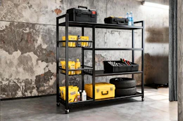 Lifestyle image of a 4-tier heavy duty metal shelf in garage setting