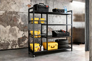 Lifestyle image of a 4-tier heavy duty metal shelf in garage setting