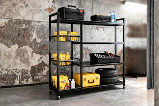 Lifestyle image of a 4-tier heavy duty metal shelf in garage setting
