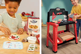 child playing with the Little Tike pizza set and another child playing with the tool table