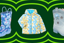 Stitch rain boots, Lego spring jacket, and Bluey cowgirl boots