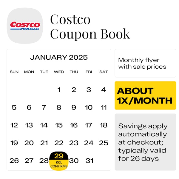 Calendar graphic showing that the February Costco Coupon Book starts on Jan. 29, 2025.