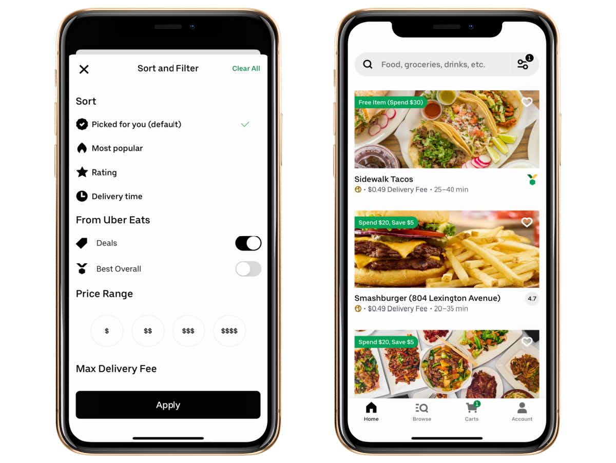 Two smartphones side by side, on the left is the Uber Eats app showing the "Deals" filter toggled on. The right shows a list of deals at ...