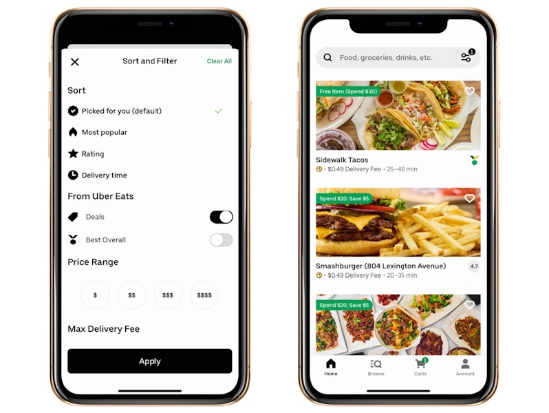 Two smartphones side by side, on the left is the Uber Eats app showing the "Deals" filter toggled on. The right shows a list of deals at ...