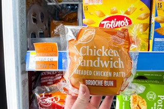 hand holding a frozen chicken sandwich