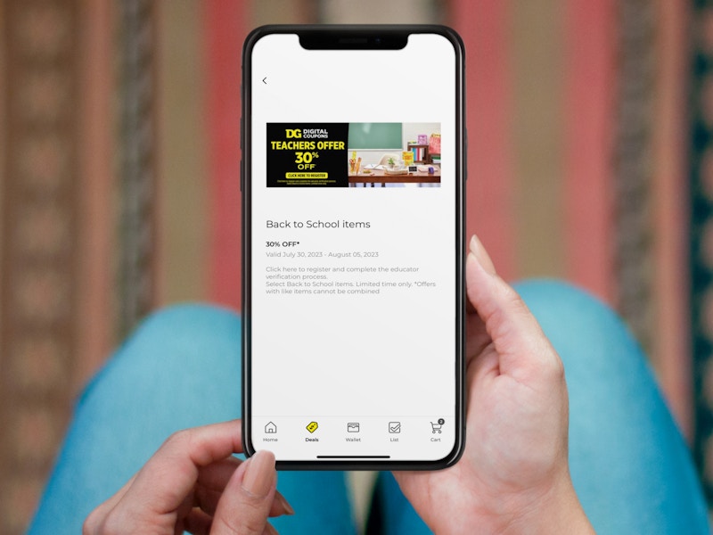 Someone looking at the Teacher Discount 30% off offer on the Dollar General app