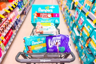 walgreens shopping cart with pampers and luvs diapers and wipes
