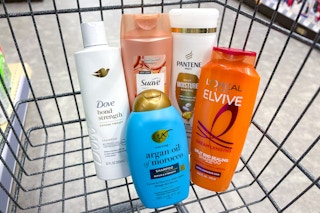 shopping cart with l'oreal, pantene, suave, OGX, and dove shampoo