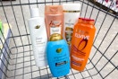 shopping cart with l'oreal, pantene, suave, OGX, and dove shampoo