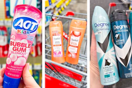 collage image of act toothpaste, suave shampoo, and degree deodorant