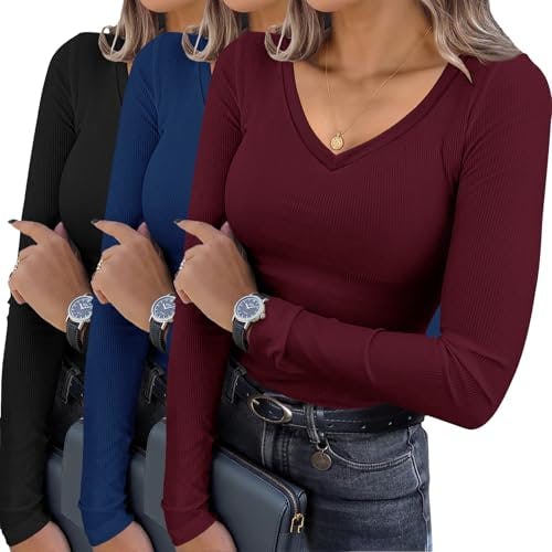 Long Sleeve V-Neck Ribbed 3-Pack