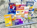 Allegra, Apercreme, Allegra, Icy Hot, Xyzal, Dulcolax, Zantac, Cortizone, and Gold Bond in a cart