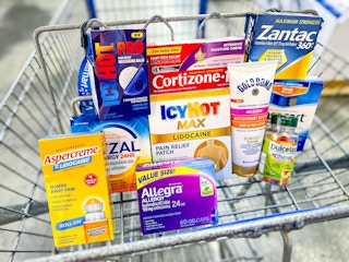 Allegra, Apercreme, Allegra, Icy Hot, Xyzal, Dulcolax, Zantac, Cortizone, and Gold Bond in a cart