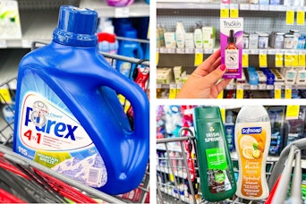 collage image of purex detergent, softsoap and irish spring body wash, and truskin serum