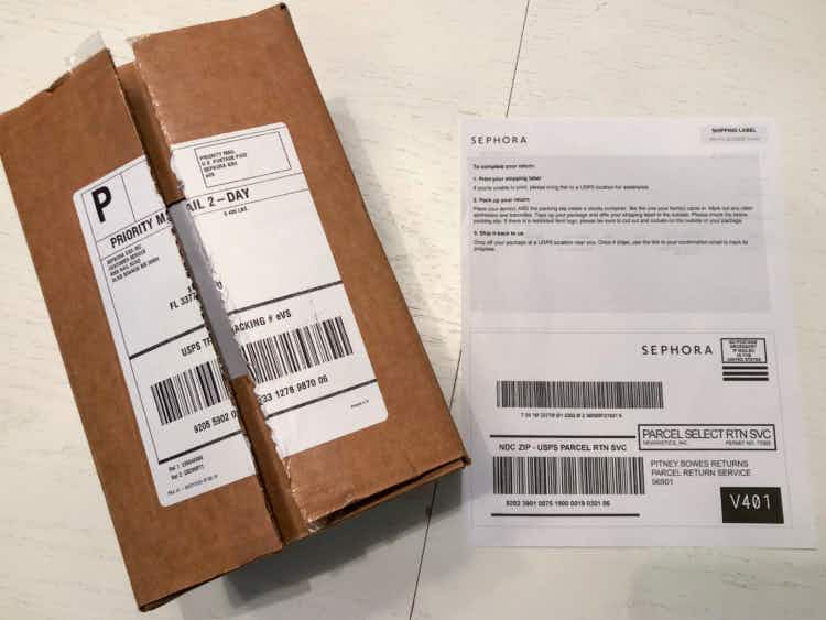 Shipping box and printed out return shipping label for Sephora