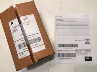 Shipping box and printed out return shipping label for Sephora