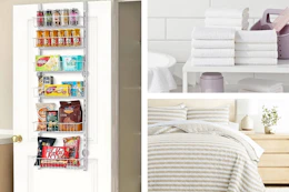 3 lifestyle images of home deals from Target: storage, washcloth set & bedding