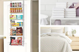 3 lifestyle images of home deals from Target: storage, washcloth set & bedding