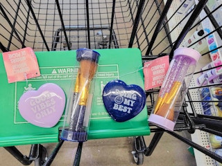 heart shaped mirrors and makeup brushes