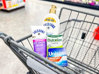 cart with gold bond, dulcolax, unisom