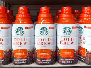 starbucks pumpkin spice cold brew bottles on shelf at jewel osco