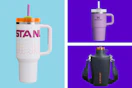 Stanley tumblers and water bottles in a collage