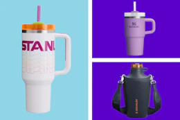 Stanley tumblers and water bottles in a collage