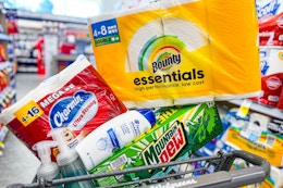 charmin toilet paper, bounty paper towels, head & shoulders shampoo, mountain dew soda, and method hand soap in a cart