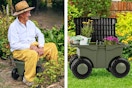 2 lifestyle images of the Pure Garden Rolling Garden Cart with Seat 