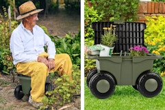 2 lifestyle images of the Pure Garden Rolling Garden Cart with Seat 