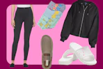 women's leggings, peep socks, scoop jacket, croccs sandals, men's slippers