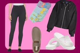 women's leggings, peep socks, scoop jacket, croccs sandals, men's slippers