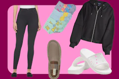 women's leggings, peep socks, scoop jacket, croccs sandals, men's slippers