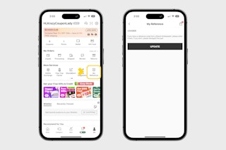 two phones showing the services menu highlighting the My Reference button, and a page where you type in the reference code