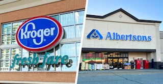 A Kroger building sign and an Albertsons building and sign side-by-side