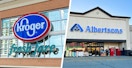 A Kroger building sign and an Albertsons building and sign side-by-side