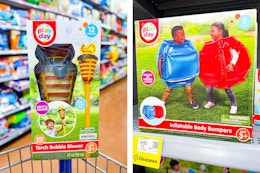 2 in-store photos taken at Walmart of Play Day toys: Bubble Torch & Body Bumbers