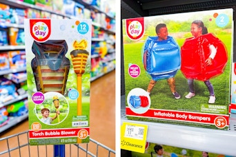 2 in-store photos taken at Walmart of Play Day toys: Bubble Torch & Body Bumbers