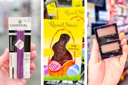 collage image of covergirl mascara, russell stover chocolate bunnies, and maybelline eyeshadow