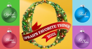 A wreath graphic with a banner that says "Oprah's favorite things 2022" surrounded by ornaments of different colors