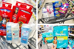 collage image of old spice body wash, secret deodorant, pampers diapers, olay body wash, and feminine care products