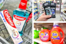 collage image of colgate oral care, axe deodorant, and tide detergent