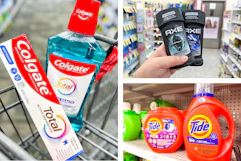 collage image of colgate oral care, axe deodorant, and tide detergent