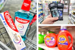 collage image of colgate oral care, axe deodorant, and tide detergent