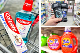 collage image of colgate oral care, axe deodorant, and tide detergent