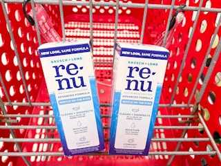 two bottles of renu contact solution in target cart