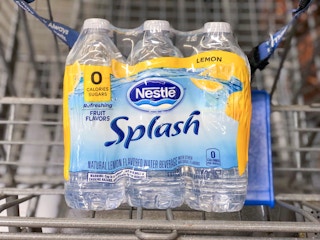 six pack of nestle splash lemon flavored water in a walmart cart