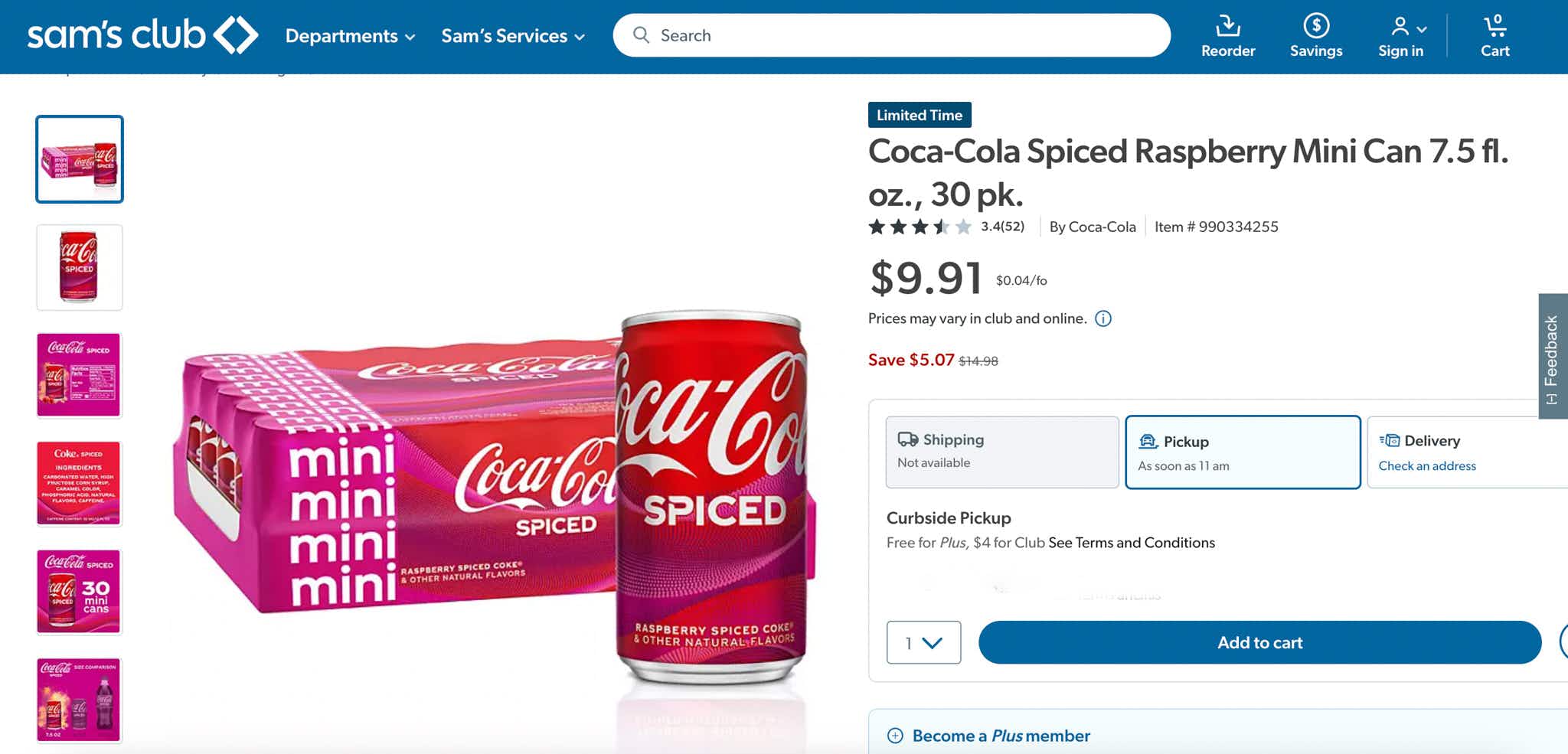 screenshot of coca-cola spiced mini cans for $9.91