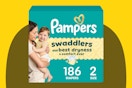 Pampers Swaddlers Diapers, Size 2 (10-22 lbs), 186 Count on a yellow background.